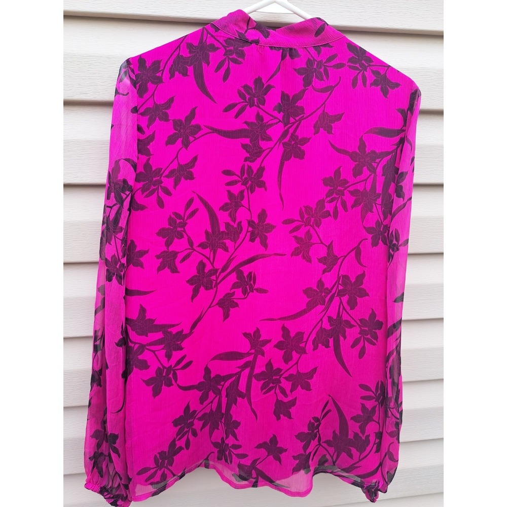 Vince Camuto Women's Bright Magenta Floral Long Sheer Sleeve Lined Blouse Top M - Picture 8 of 13